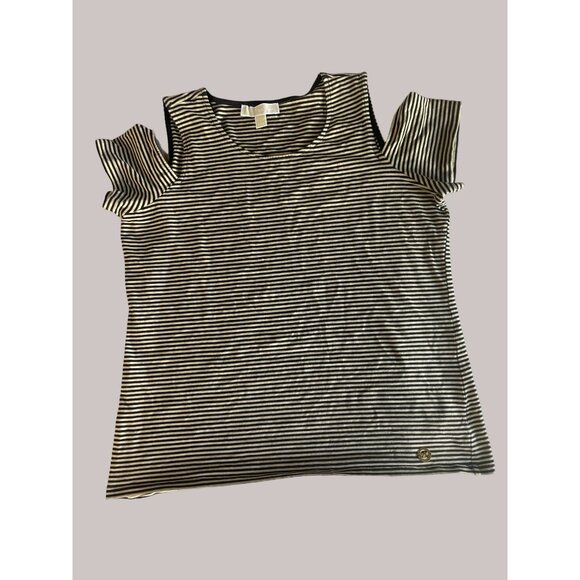Michael Kors Black & Tan Striped Cold Shoulder Top Size L - Picture 1 of 4